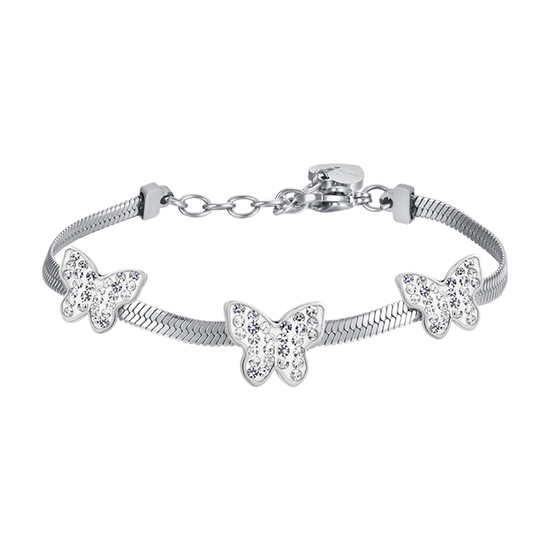 BRACELET POUR FEMME EN ACIER SERPENTÉ AVEC PAPILLONS ET CRISTAUX BLANCS