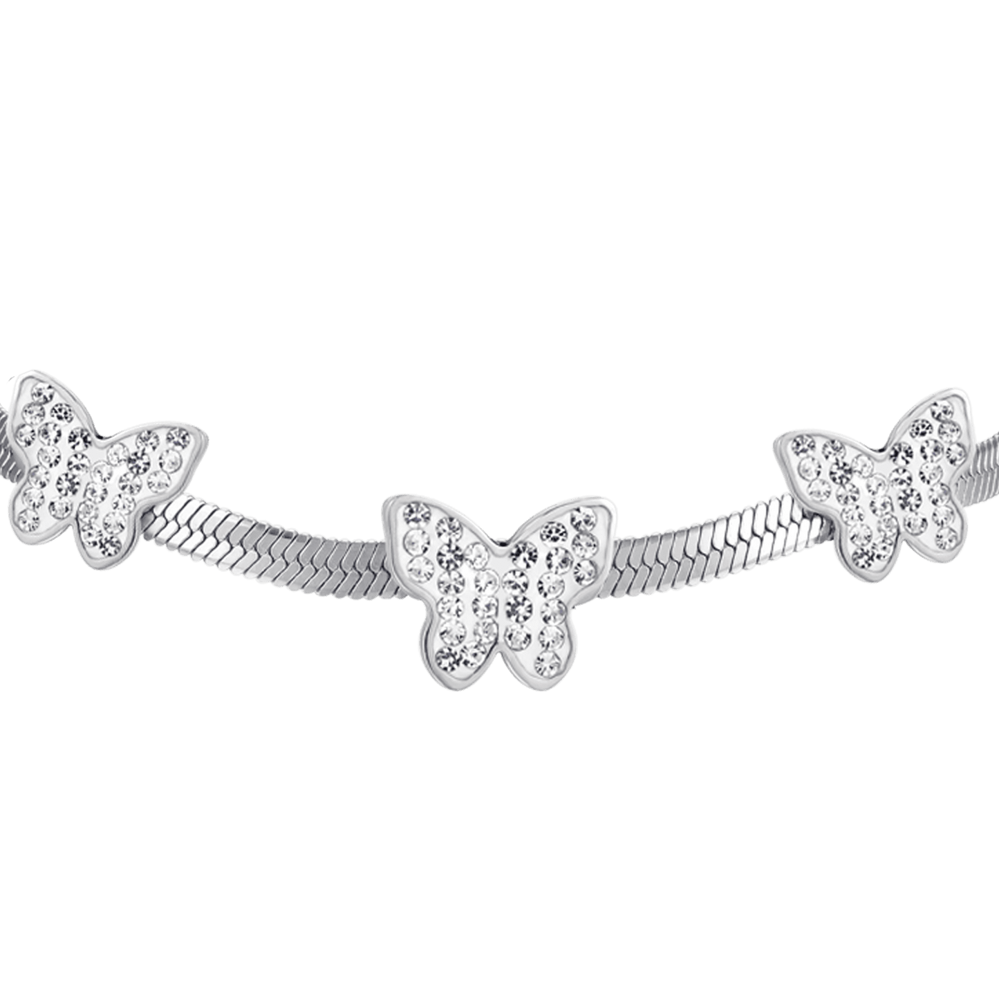 BRACELET POUR FEMME EN ACIER SERPENTÉ AVEC PAPILLONS ET CRISTAUX BLANCS