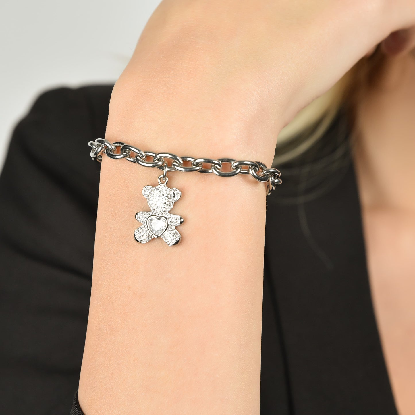 BRACELET ACIER POUR FEMME AVEC OURS AVEC CRISTAUX BLANCS