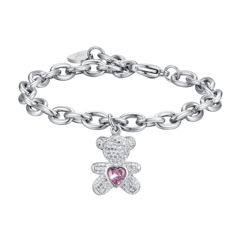 BRACELET ACIER POUR FEMME AVEC OURS AVEC CRISTAUX ROSES ET BLANCS