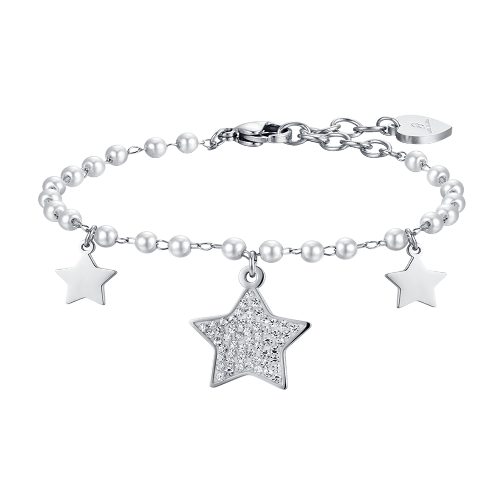 BRACELET POUR FEMME EN ACIER AVEC PERLES BLANCHES ET ÉTOILES