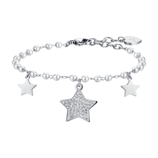 BRACELET POUR FEMME EN ACIER AVEC PERLES BLANCHES ET ÉTOILES