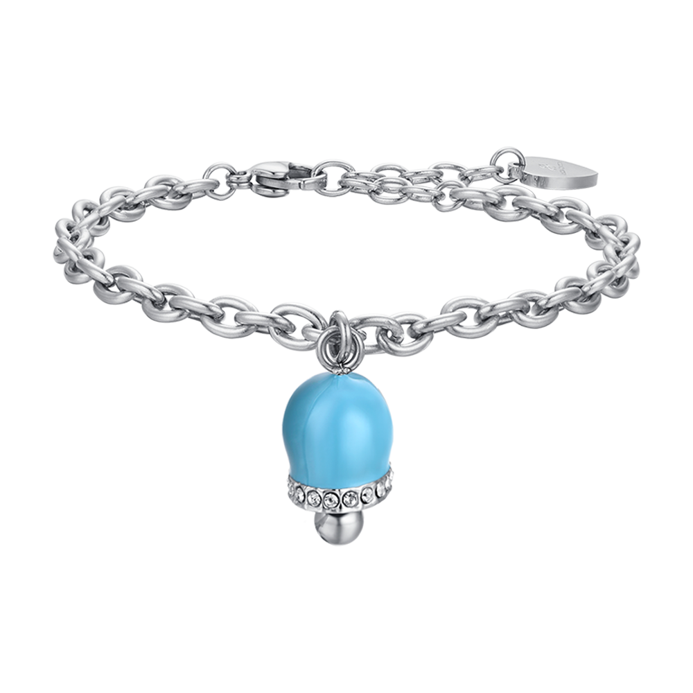 BRACELET FEMME EN ACIER AVEC CLOCHE ÉMAILLÉE TURQUOISE ET CRISTAUX