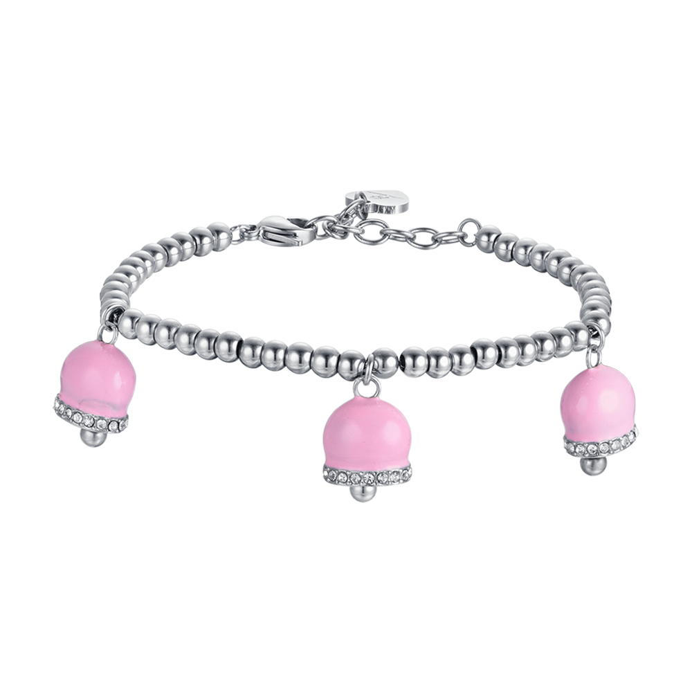 BRACELET FEMME EN ACIER AVEC CLOCHES EN ÉMAIL ROSE ET CRISTAUX BLANCS