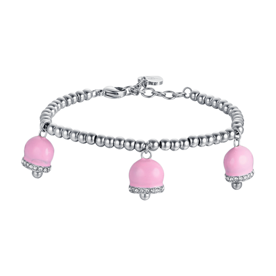 BRACELET FEMME EN ACIER AVEC CLOCHES EN ÉMAIL ROSE ET CRISTAUX BLANCS