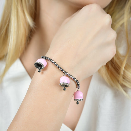 BRACELET FEMME EN ACIER AVEC CLOCHES EN ÉMAIL ROSE ET CRISTAUX BLANCS