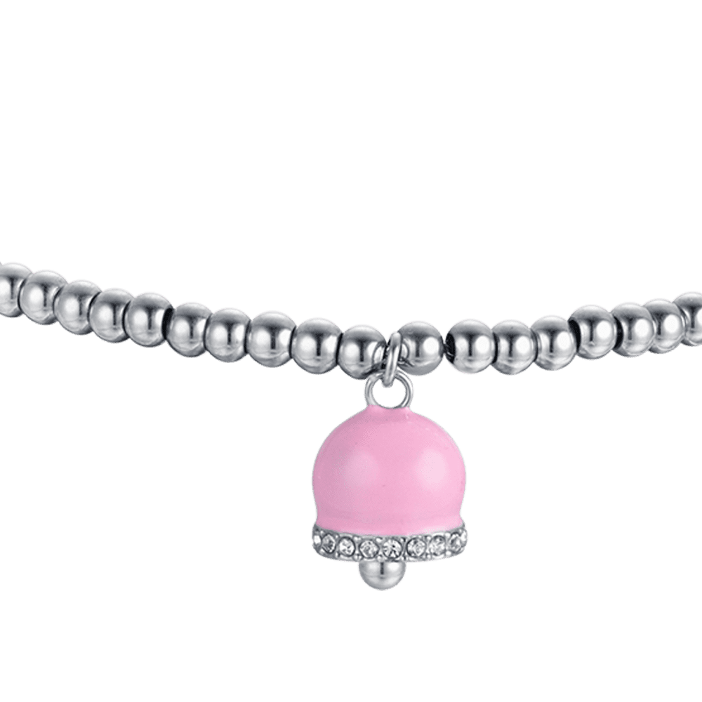 BRACELET FEMME EN ACIER AVEC CLOCHES EN ÉMAIL ROSE ET CRISTAUX BLANCS