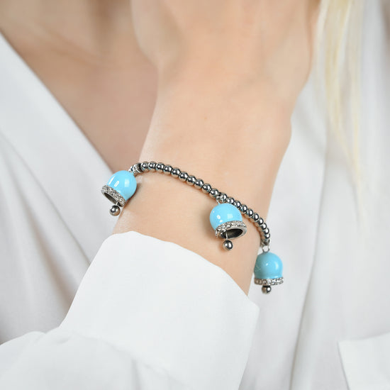 BRACELET FEMME EN ACIER AVEC CLOCHES EN ÉMAIL TURQUOISE ET CRISTAUX