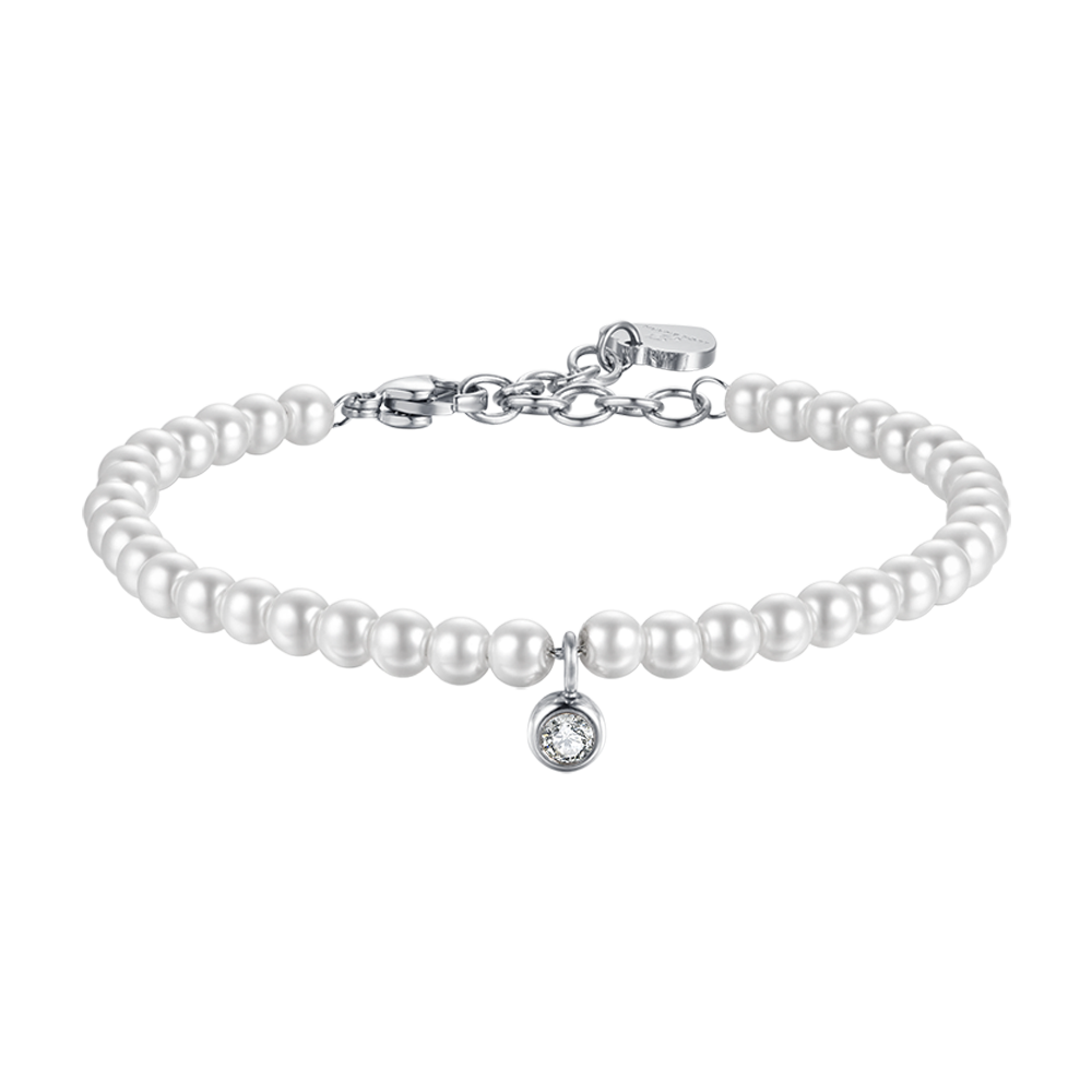 BRACELET FEMME EN ACIER AVEC PERLES ET CRISTAL BLANC