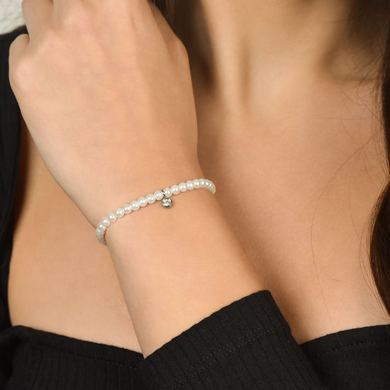 BRACELET FEMME EN ACIER AVEC PERLES ET CRISTAL BLANC