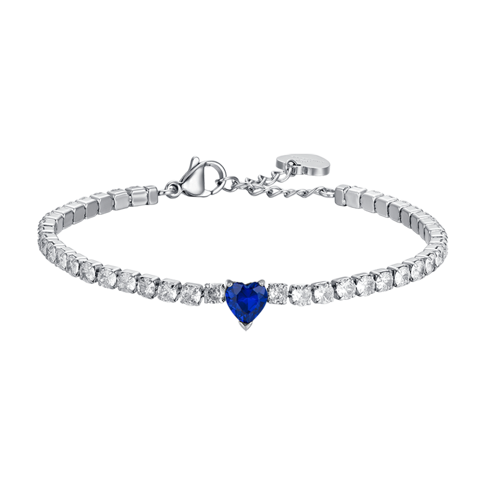 BRACELET DE TENNIS EN ACIER POUR FEMME AVEC CRISTAUX BLANCS ET COEUR EN CRISTAL BLEU