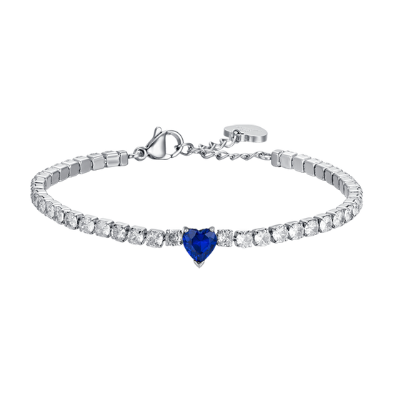 BRACELET DE TENNIS EN ACIER POUR FEMME AVEC CRISTAUX BLANCS ET COEUR EN CRISTAL BLEU