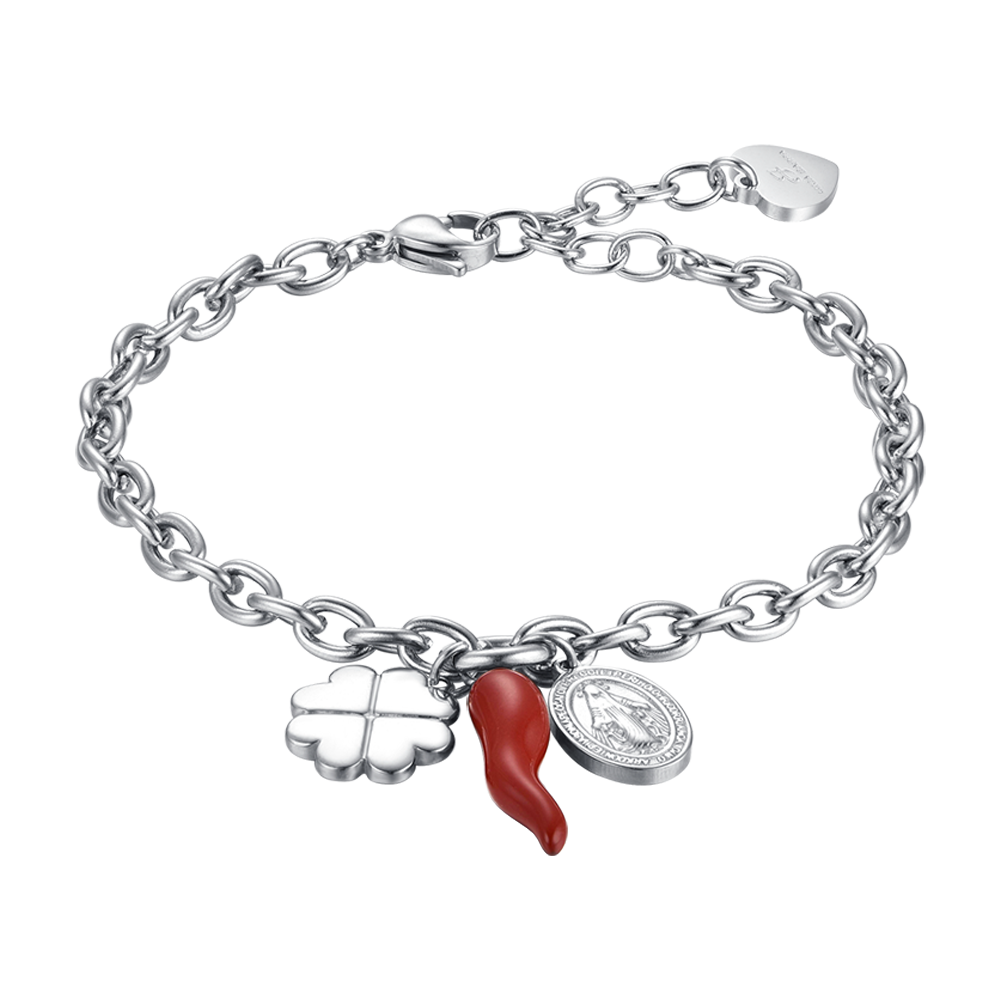 BRACELET EN ACIER POUR FEMMES AVEC TRÈFLE À QUATRE FEUILLES, CORNE ET BRELOQUE DE MADONE