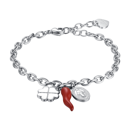 BRACELET EN ACIER POUR FEMMES AVEC TRÈFLE À QUATRE FEUILLES, CORNE ET BRELOQUE DE MADONE