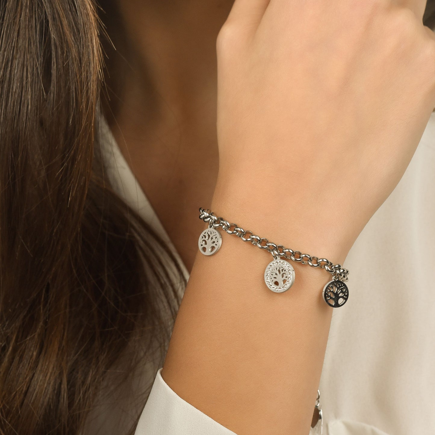 BRACELET POUR FEMME EN ACIER AVEC ARBRE DE VIE ET CRISTAUX BLANCS