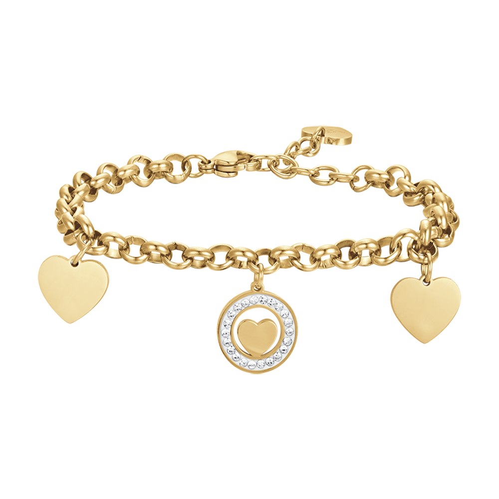 BRACELET FEMME EN ACIER DORÉ IP AVEC CŒURS ET CRISTAUX BLANCS