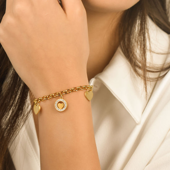 BRACELET FEMME EN ACIER DORÉ IP AVEC CŒURS ET CRISTAUX BLANCS