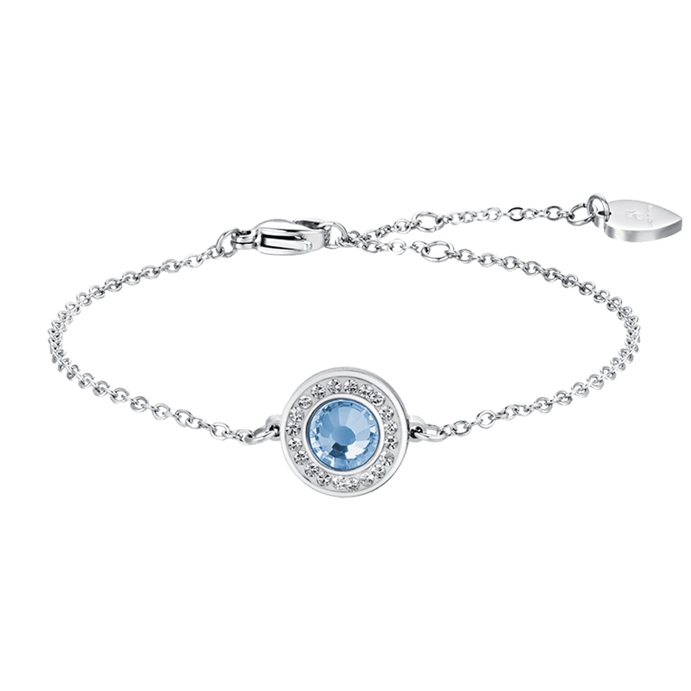 BRACELET EN ACIER POUR FEMME ÉLÉMENT EN CRISTAL AIGUE-MARINE ET CRISTAUX BLANCS