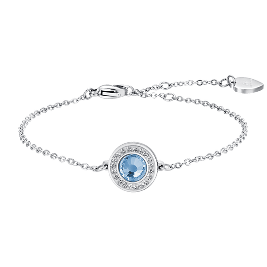 BRACELET EN ACIER POUR FEMME ÉLÉMENT EN CRISTAL AIGUE-MARINE ET CRISTAUX BLANCS