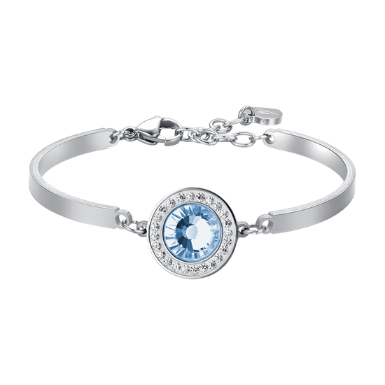 BRACELET EN ACIER POUR FEMME ÉLÉMENT EN CRISTAL AIGUE-MARINE ET CRISTAUX BLANCS