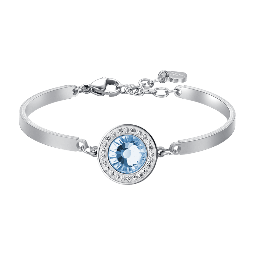 BRACELET EN ACIER POUR FEMME ÉLÉMENT EN CRISTAL AIGUE-MARINE ET CRISTAUX BLANCS