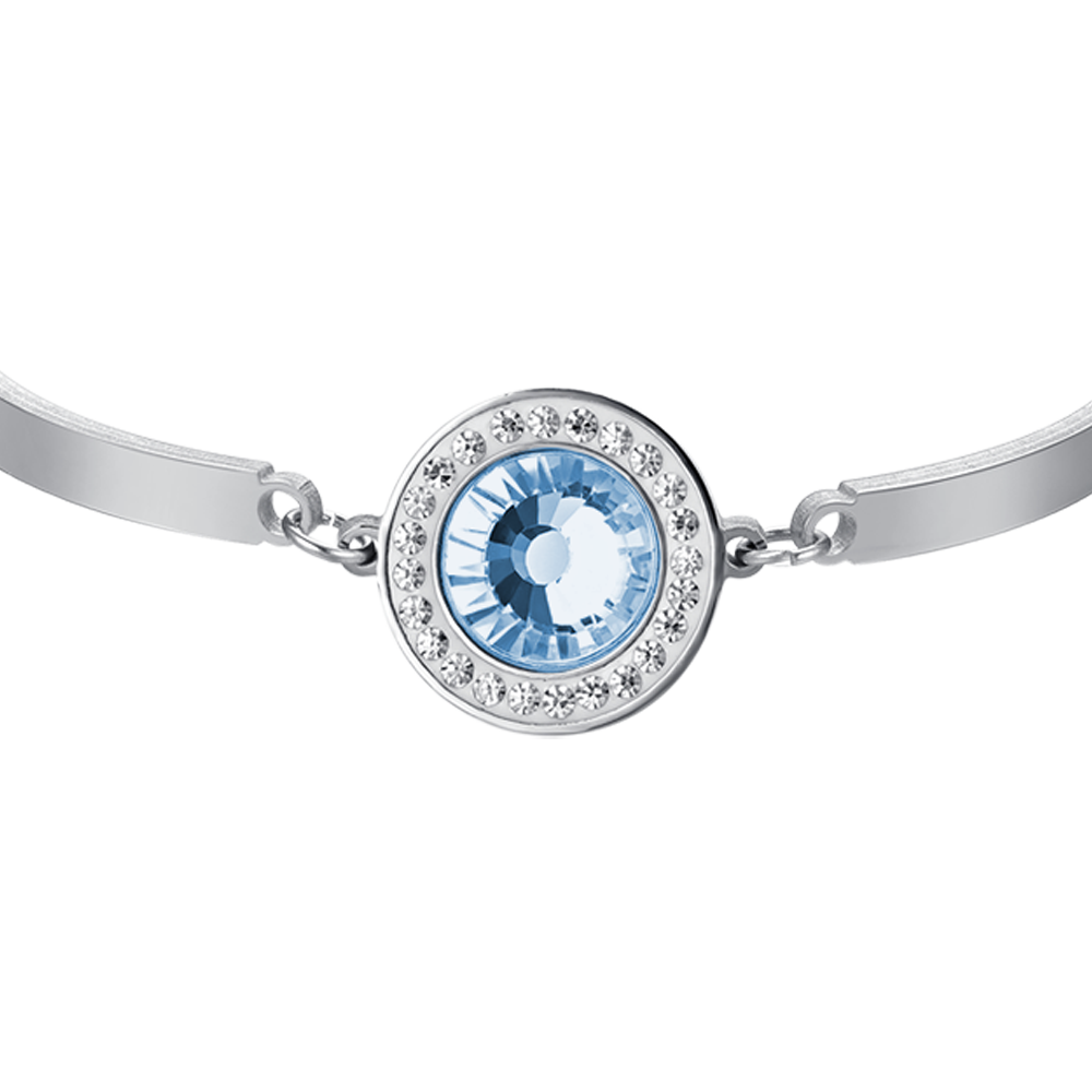 BRACELET EN ACIER POUR FEMME ÉLÉMENT EN CRISTAL AIGUE-MARINE ET CRISTAUX BLANCS