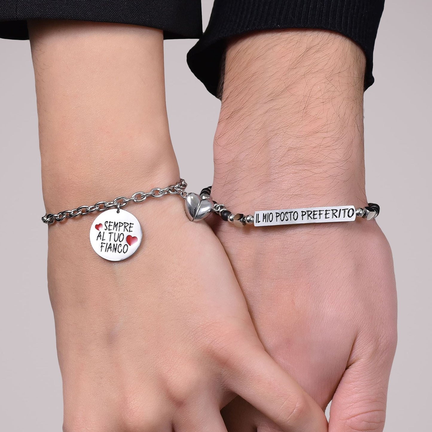 BRACELET DE COUPLE EN ACIER AVEC AIMANT EN FORME DE COEUR