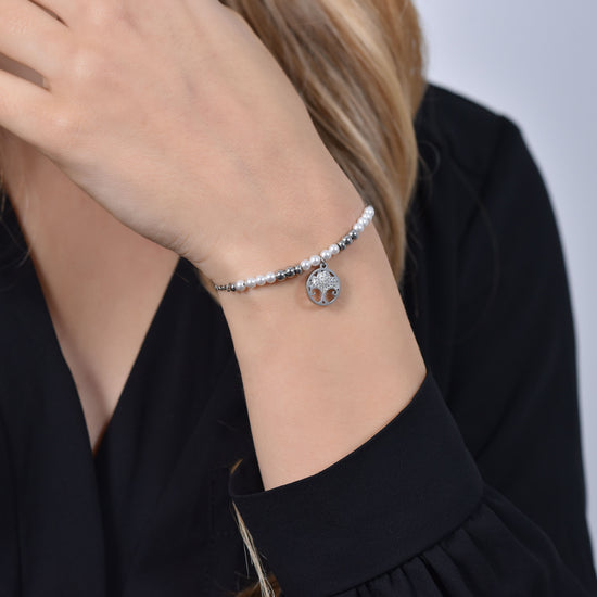 BRACELET FEMME EN ACIER AVEC PERLES ET ARBRE DE VIE