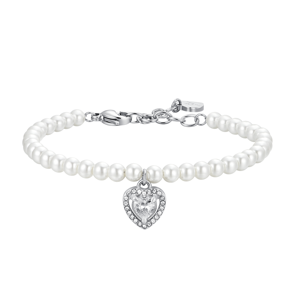 BRACELET COEUR EN ACIER, PERLE ET ZIRCON BLANC