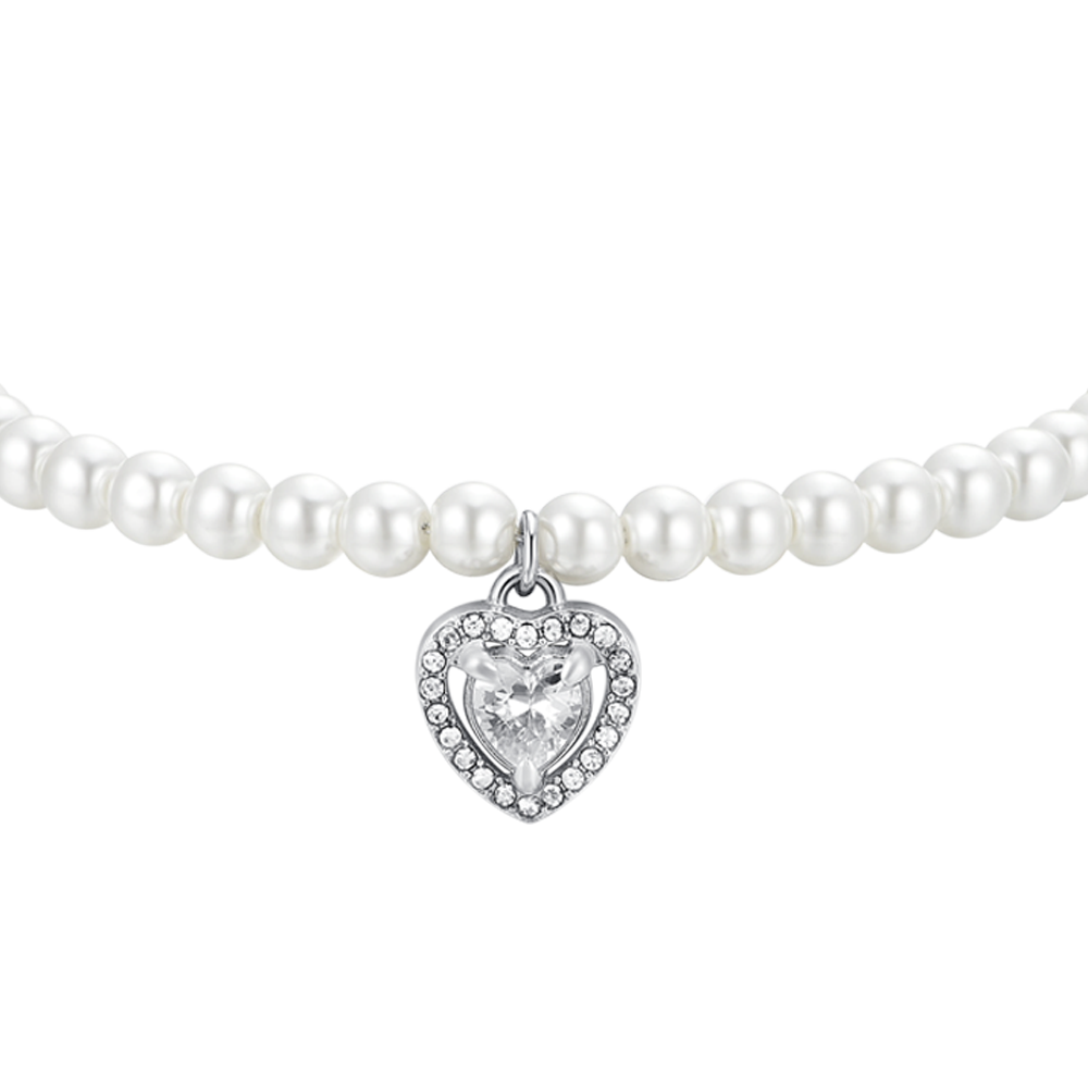 BRACELET COEUR EN ACIER, PERLE ET ZIRCON BLANC