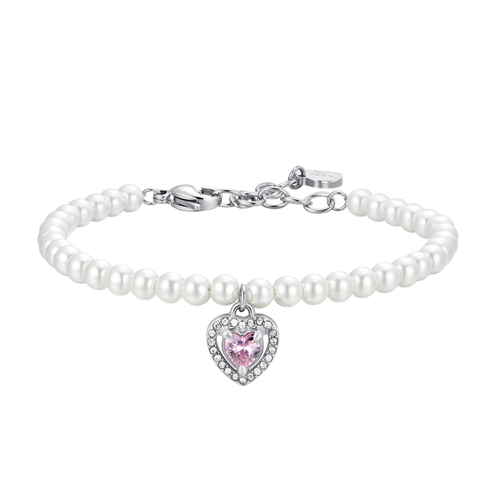 BRACELET COEUR EN ACIER, PERLE ET ZIRCON ROSE