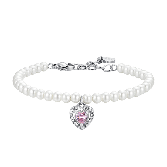 BRACELET COEUR EN ACIER, PERLE ET ZIRCON ROSE