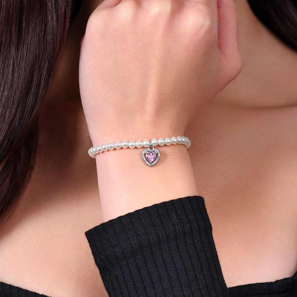 BRACELET COEUR EN ACIER, PERLE ET ZIRCON ROSE