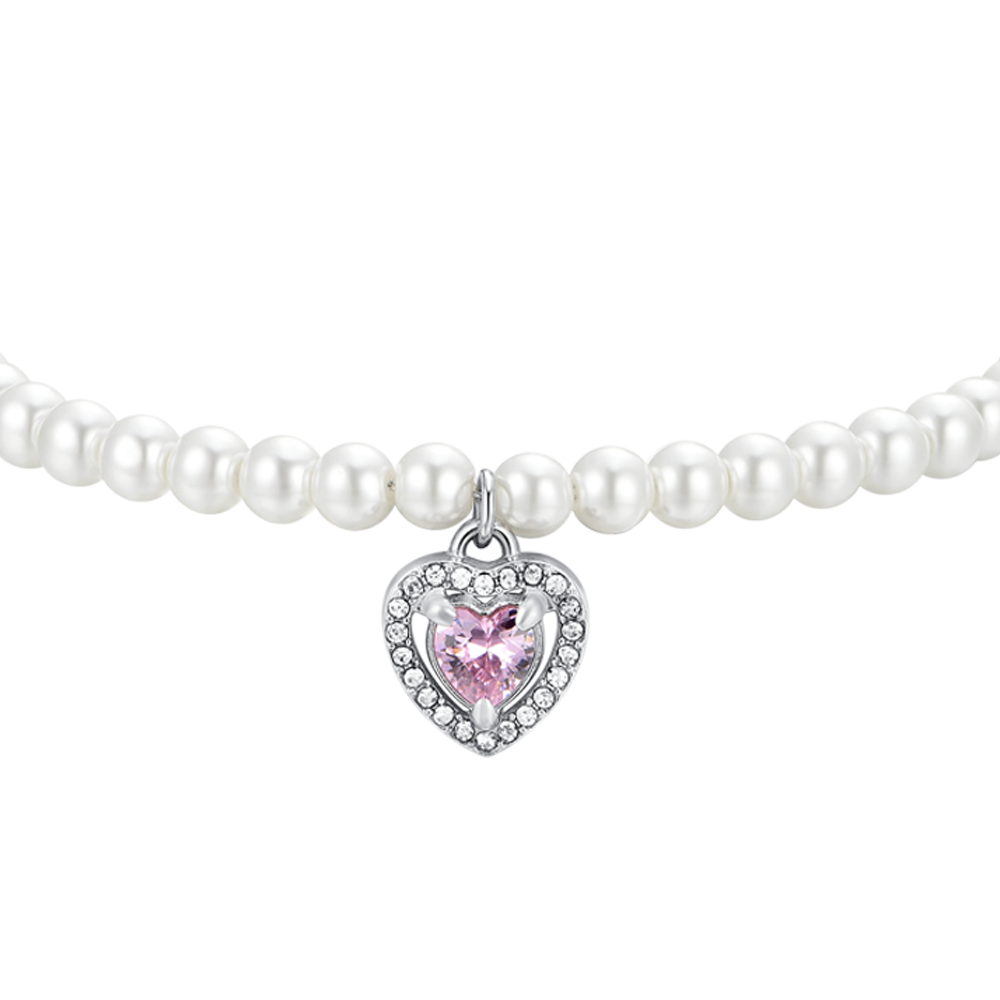 BRACELET COEUR EN ACIER, PERLE ET ZIRCON ROSE