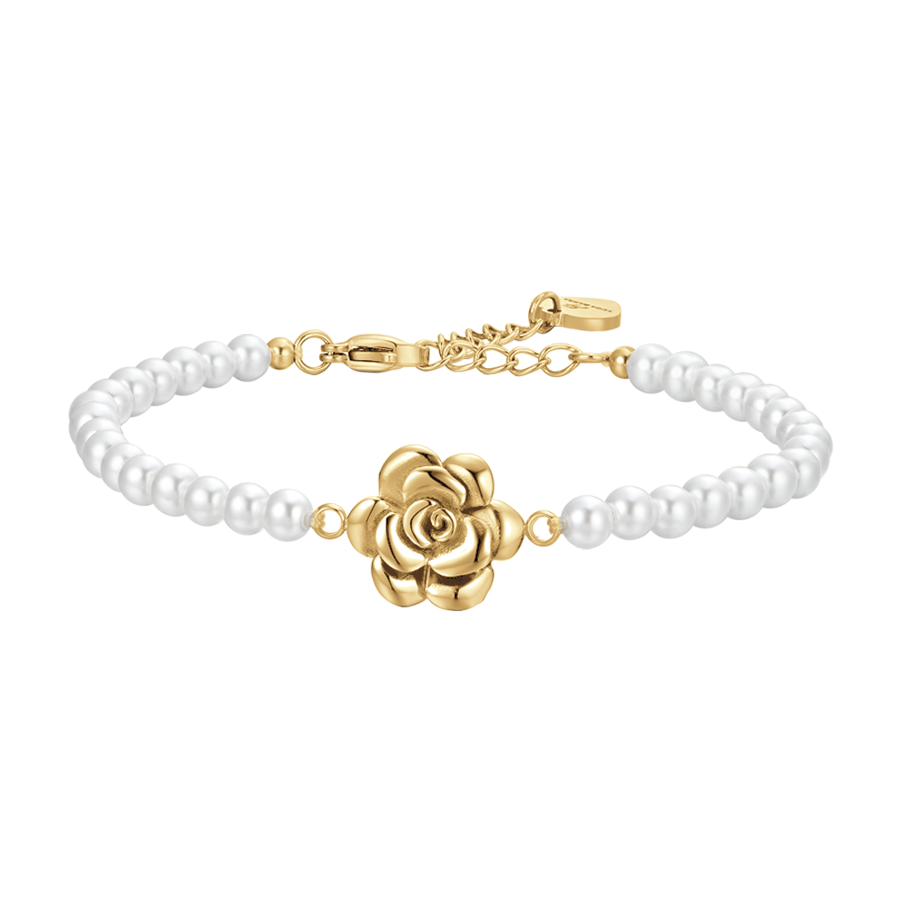 BRACELET FEMME ACIER IP OR PERLES ET ROSE