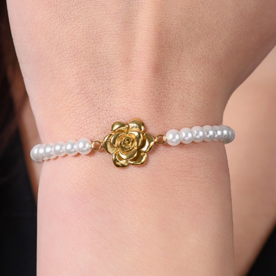 BRACELET FEMME ACIER IP OR PERLES ET ROSE