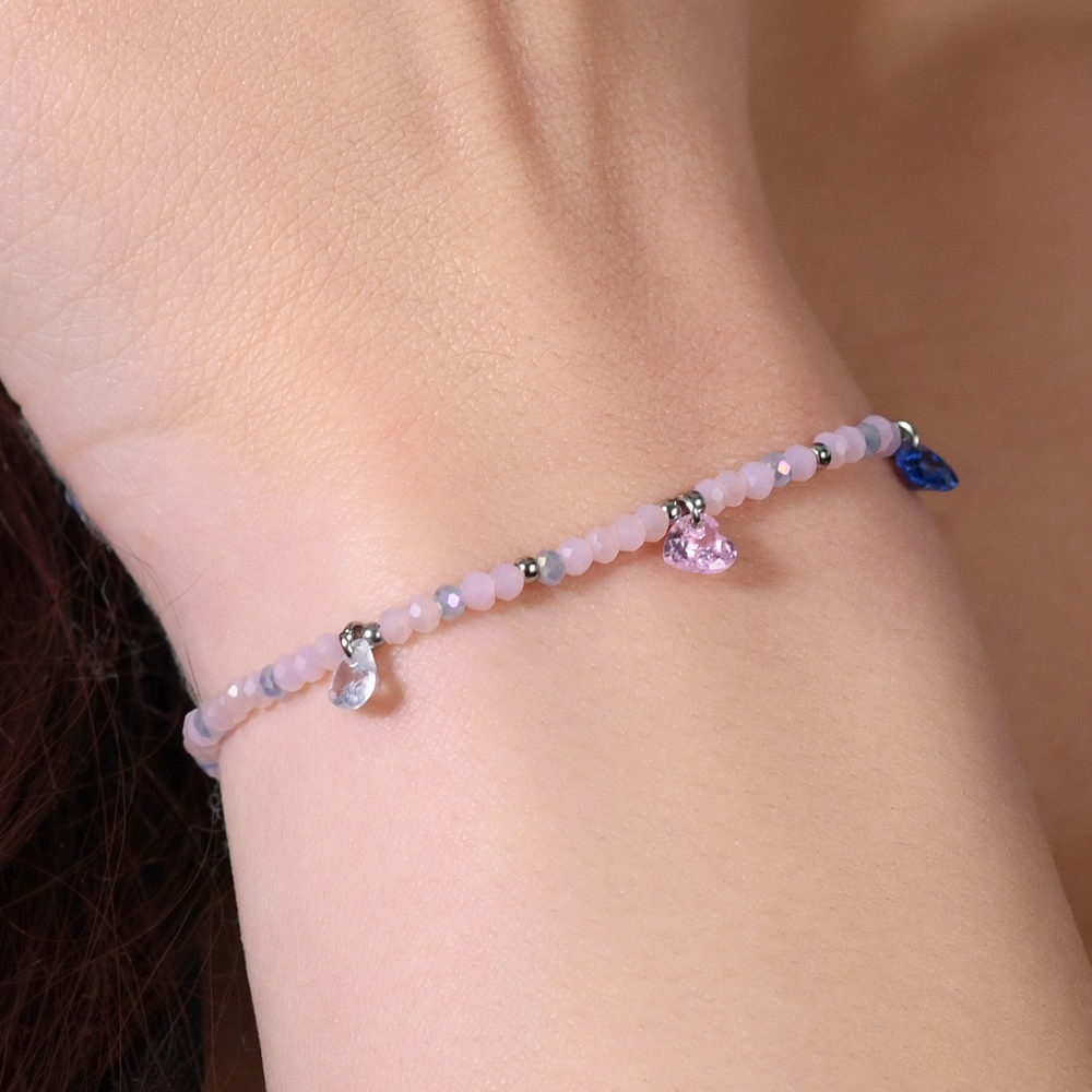 BRACELET FEMME EN ACIER PIERRES ROSES ET CRISTAUX MULTICOLORES