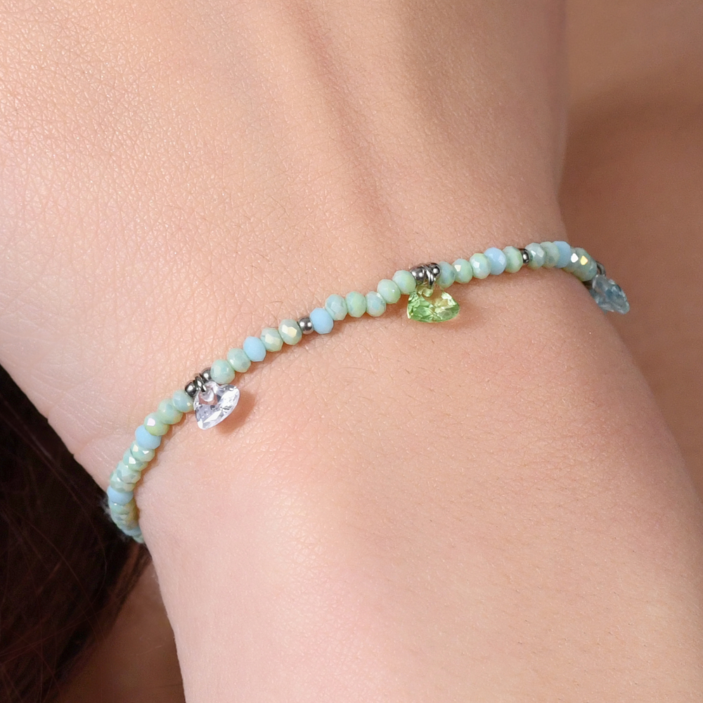 BRACELET FEMME EN ACIER AVEC PIERRES ET CRISTAUX VERT D'EAU