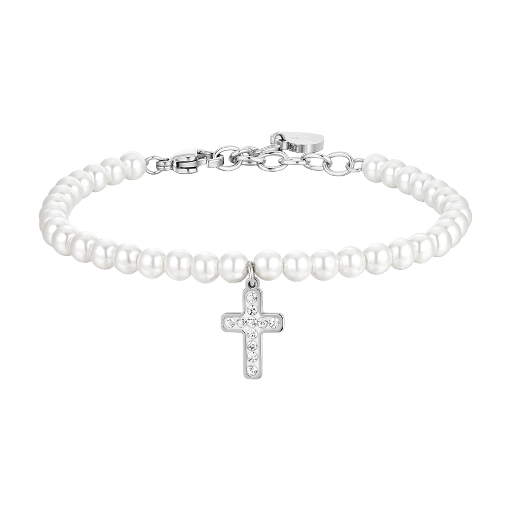 BRACELET FEMME EN ACIER AVEC PERLES ET CROIX