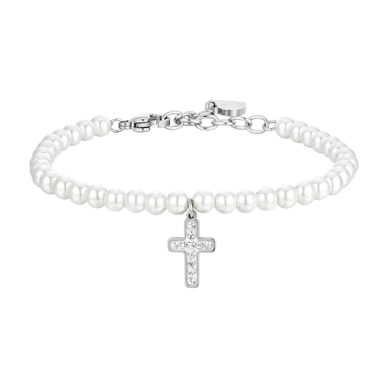 BRACELET FEMME EN ACIER AVEC PERLES ET CROIX