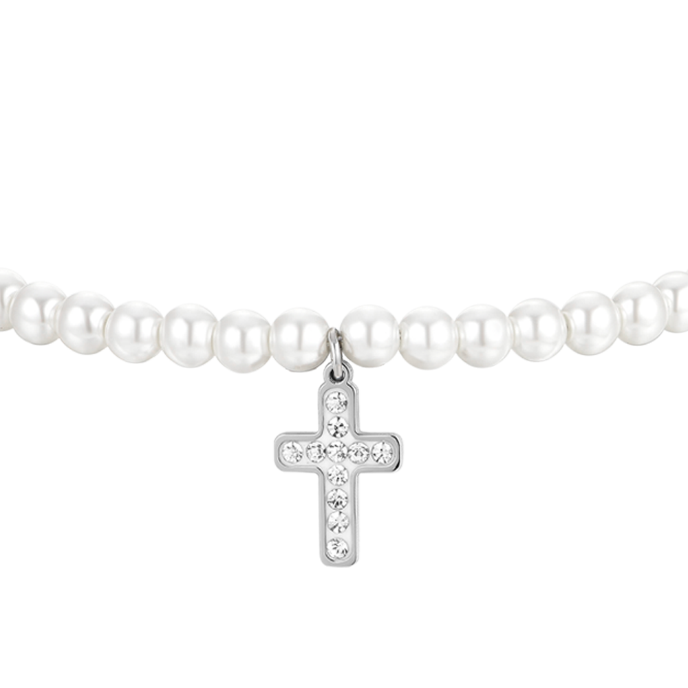 BRACELET FEMME EN ACIER AVEC PERLES ET CROIX