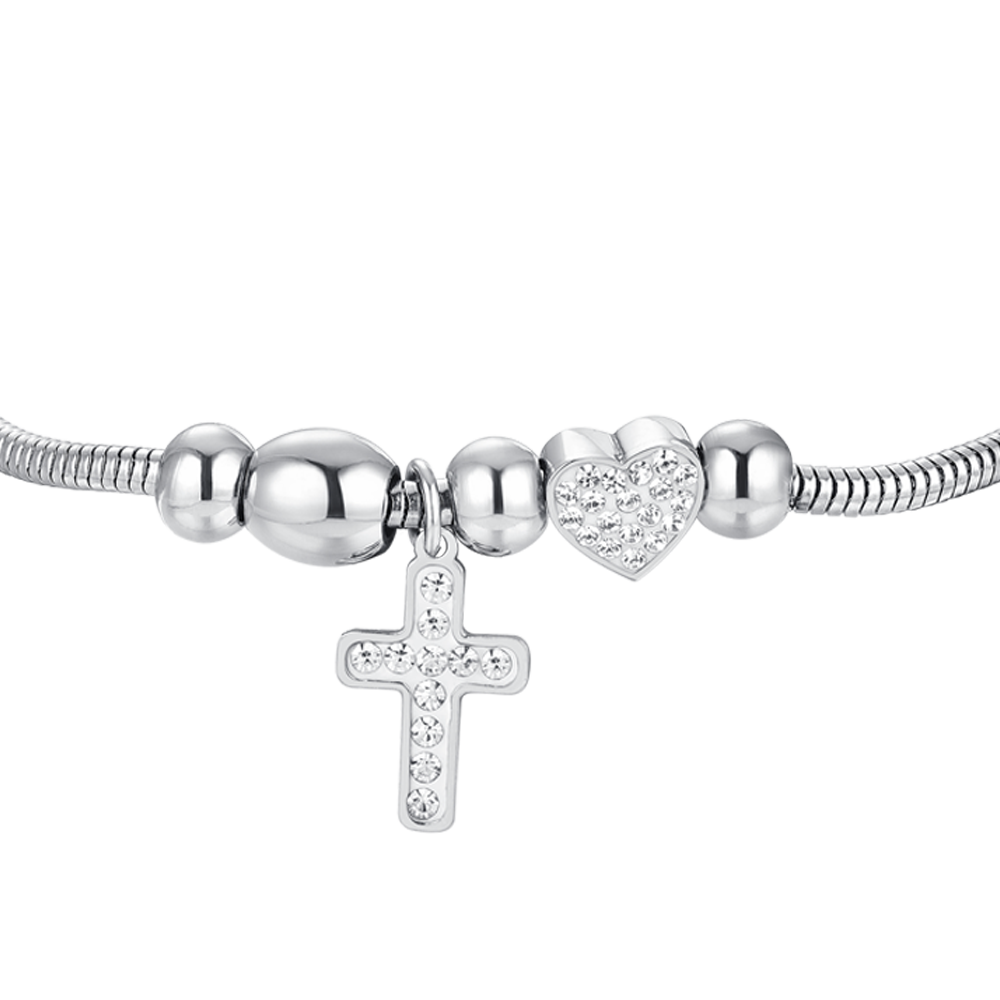 BRACELET FEMME EN ACIER, CROIX ET CRISTAUX