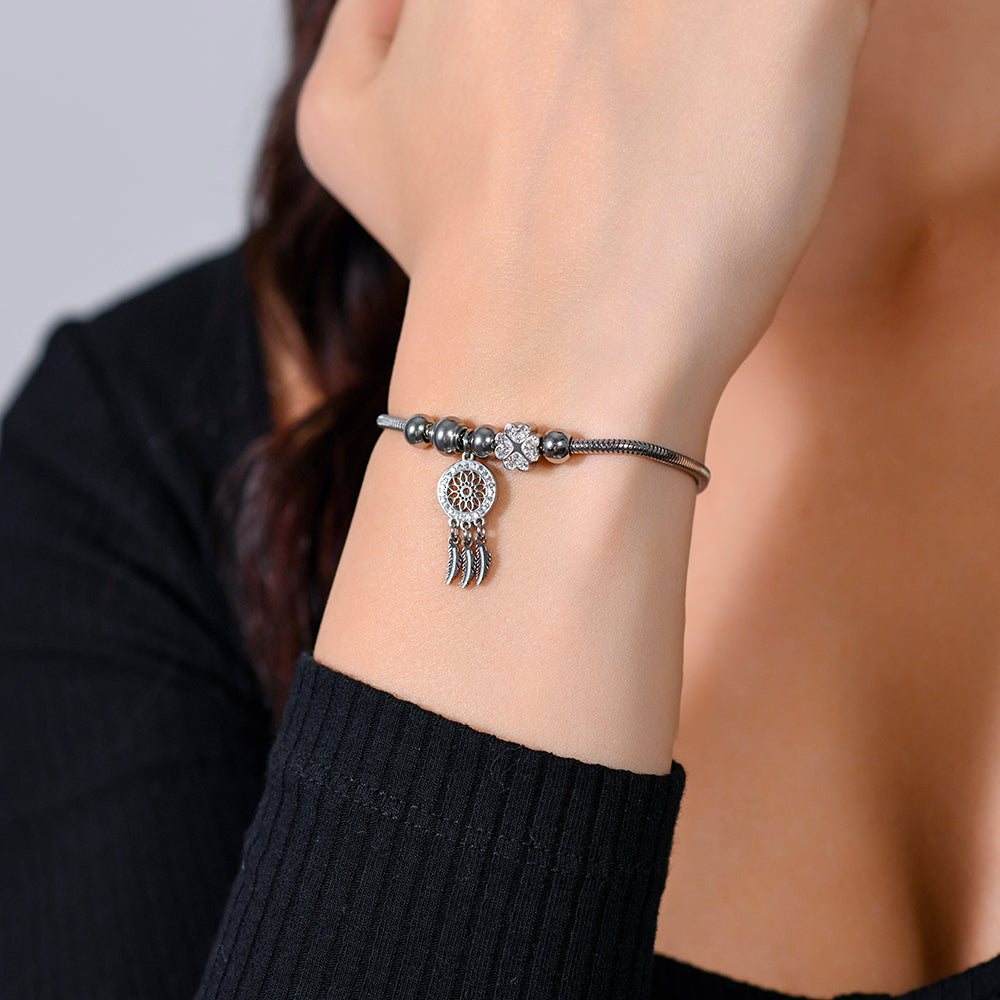 BRACELET EN ACIER INOXYDABLE ATTRAPE-RÊVES ET CRISTAUX