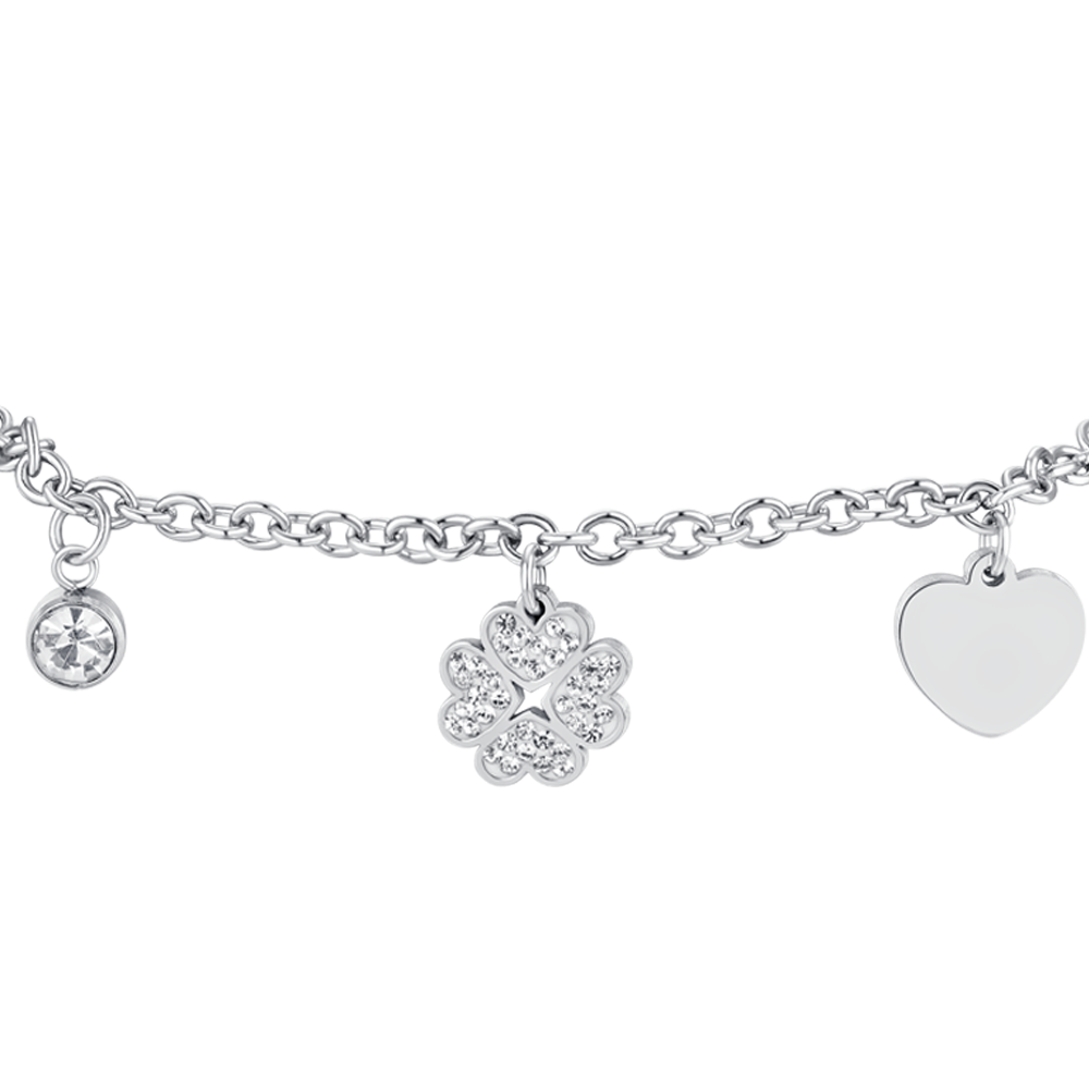 BRACELET FEMME EN ACIER AVEC TRÈFLE À QUATRE FEUILLES ET CŒUR