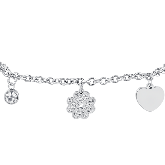 BRACELET FEMME EN ACIER AVEC TRÈFLE À QUATRE FEUILLES ET CŒUR