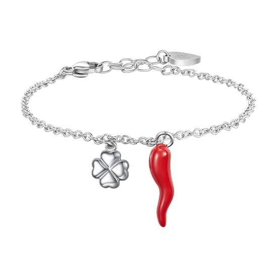 BRACCIALE IN ACCIAIO CON CORNO ROSSO E QUADRIFOGLIO