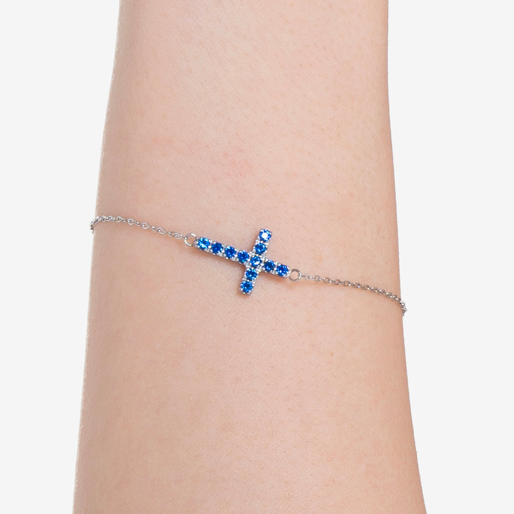 BRACCIALE DONNA IN ACCIAIO CON CROCE E ZIRCONI BLU