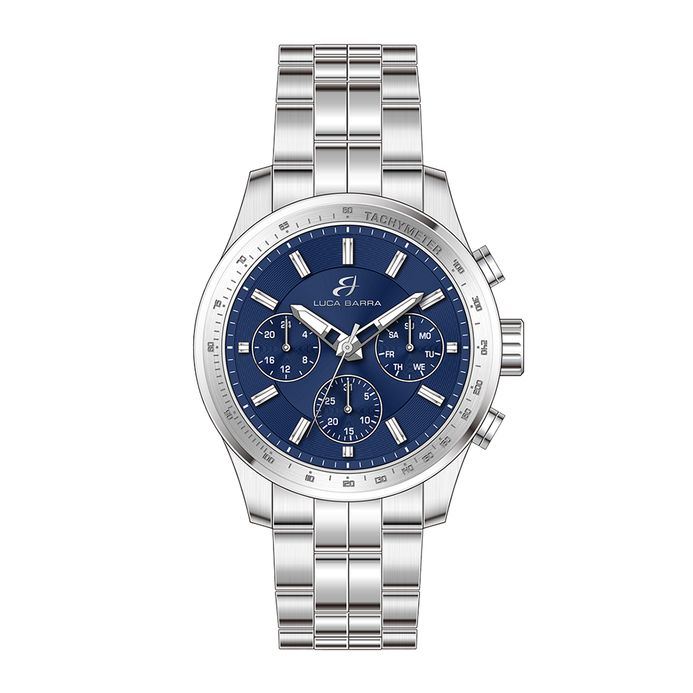 MONTRE EN ACIER POUR HOMMES AVEC CADRAN BLEU ET LUNETTE ARGENTÉE