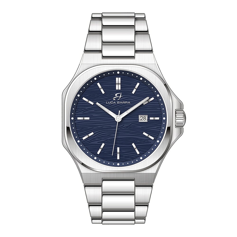 MONTRE HOMME EN ACIER CADRAN BLEU, DÉTAILS ARGENTÉS