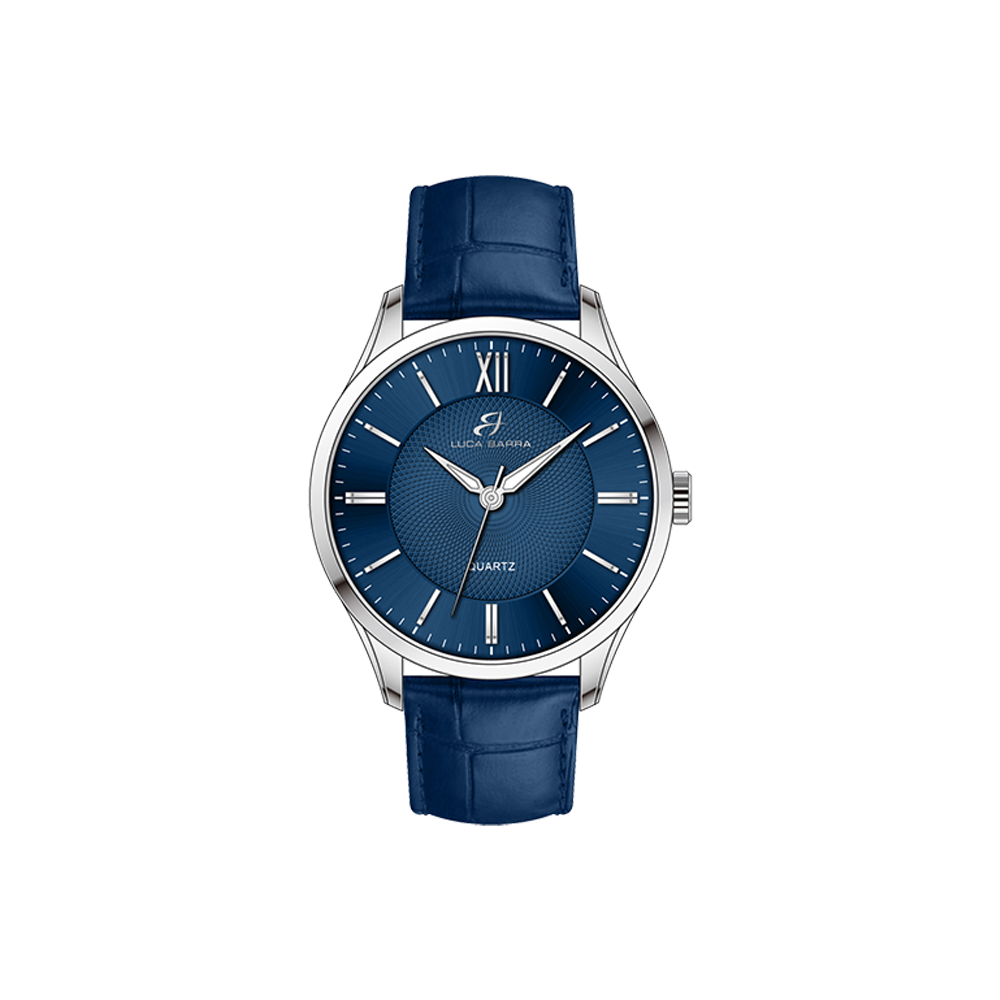 MONTRE EN ACIER POUR HOMMES AVEC BRACELET EN CUIR BLEU